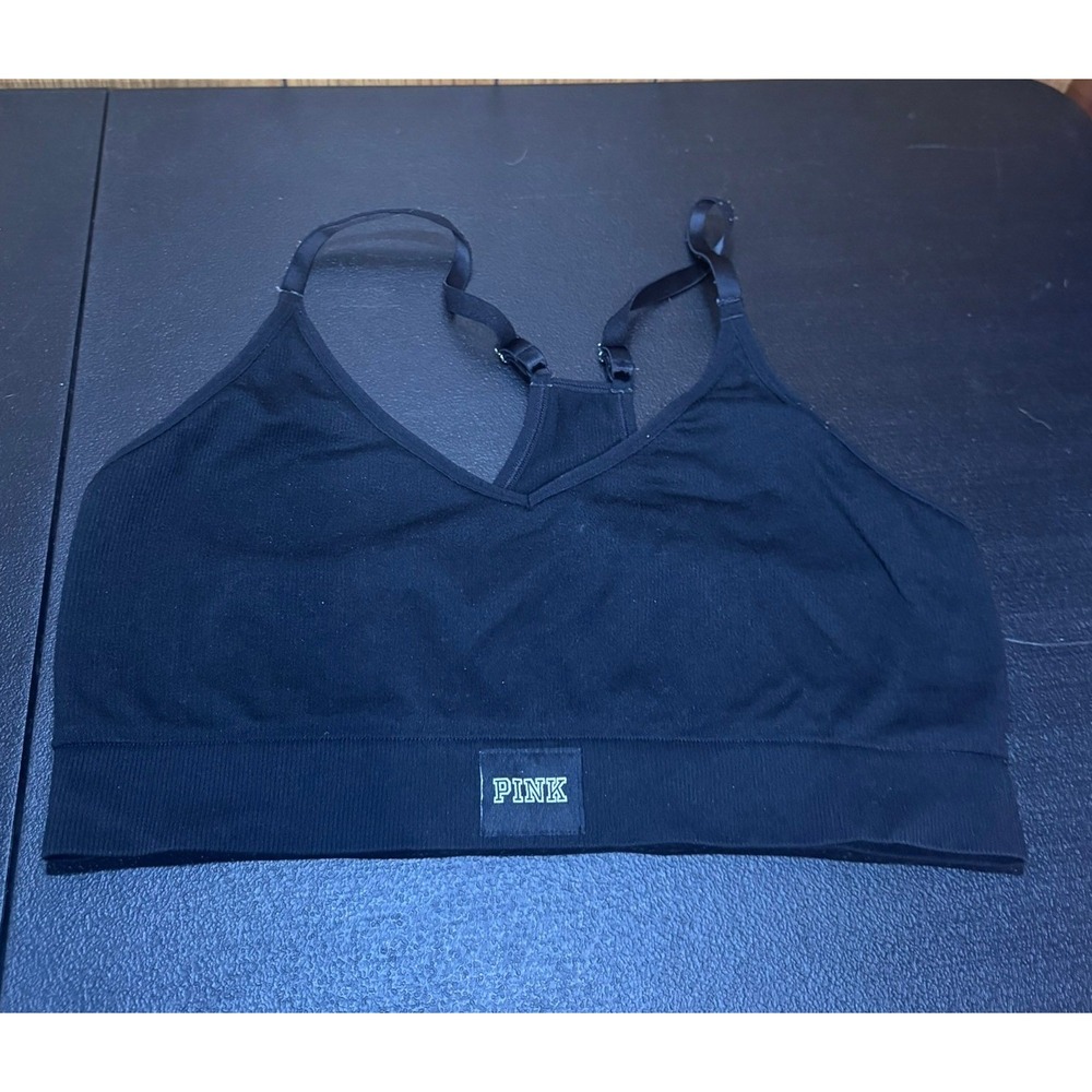 Victorias Secret PINK Bralette Black Ribbed Seamless V-Neck Adjustable Racerback